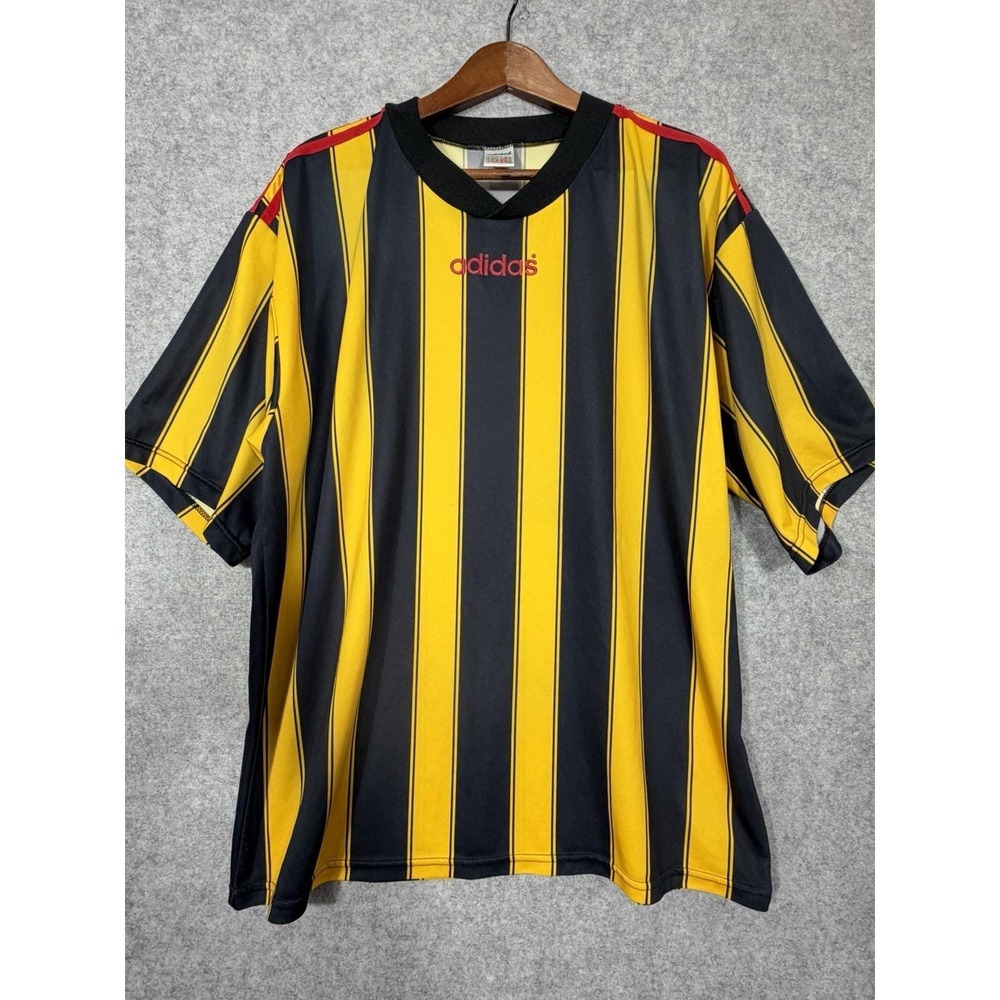Vintage 90s Adidas Soccer Jersey Tagged XXL Yellow Black Striped Made in England